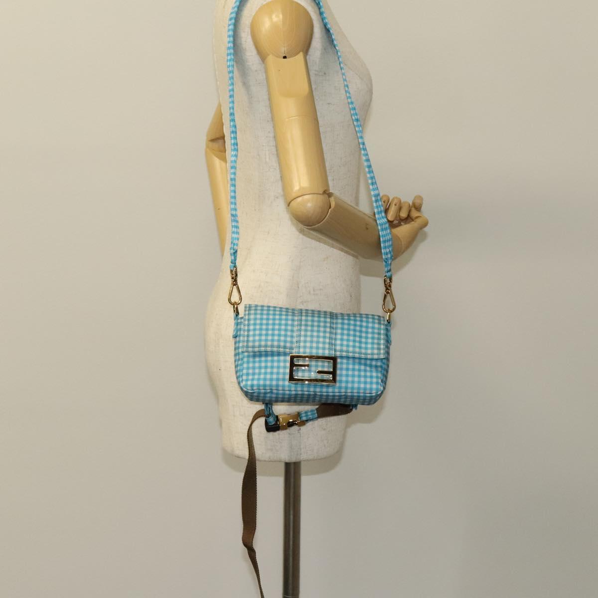 FENDI Mamma Baguette Shoulder Bag Nylon 2way Light Blue Gold Auth 120903