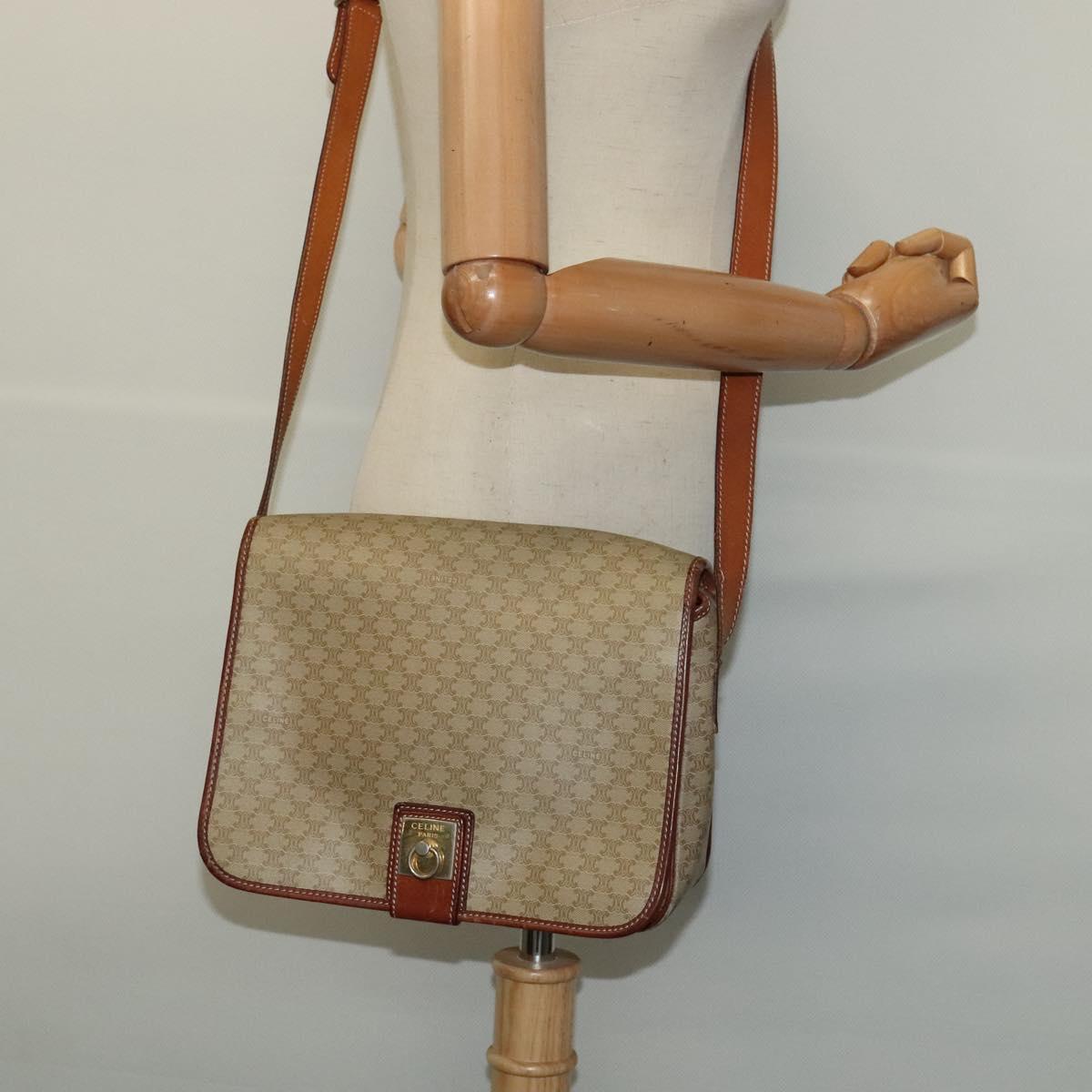 CELINE Macadam Canvas Shoulder Bag PVC Beige Gold Auth 120907