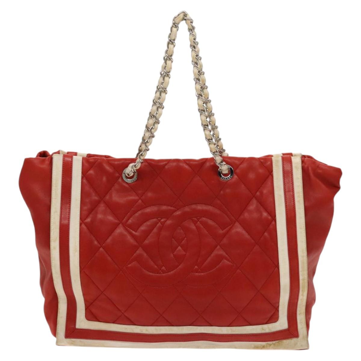 CHANEL Matelasse Chain Tote Bag Lamb Skin Red Silver CC Auth 120921