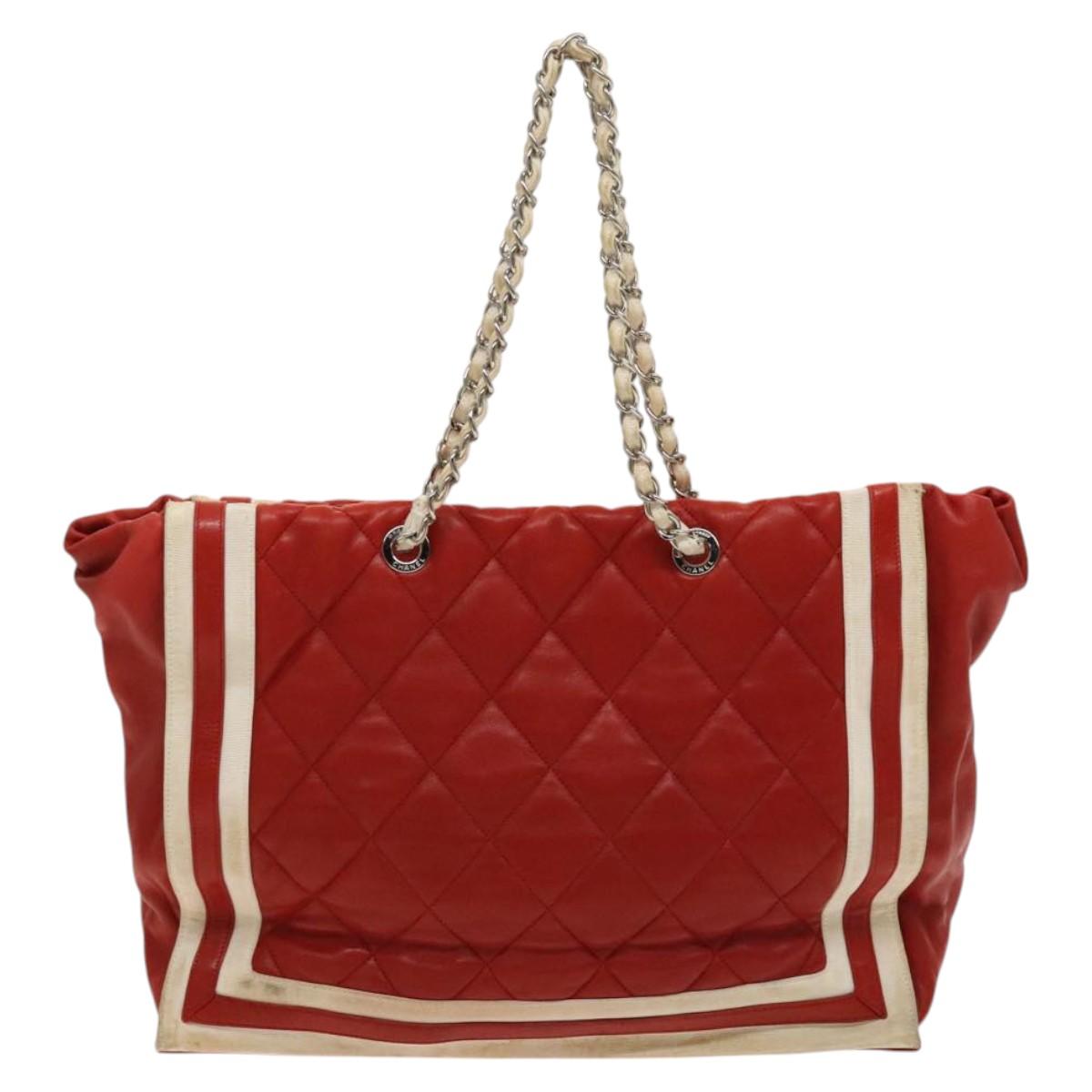 CHANEL Matelasse Chain Tote Bag Lamb Skin Red Silver CC Auth 120921