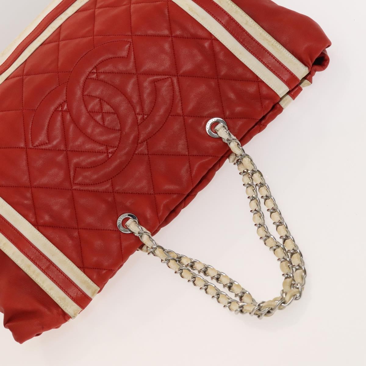 CHANEL Matelasse Chain Tote Bag Lamb Skin Red Silver CC Auth 120921