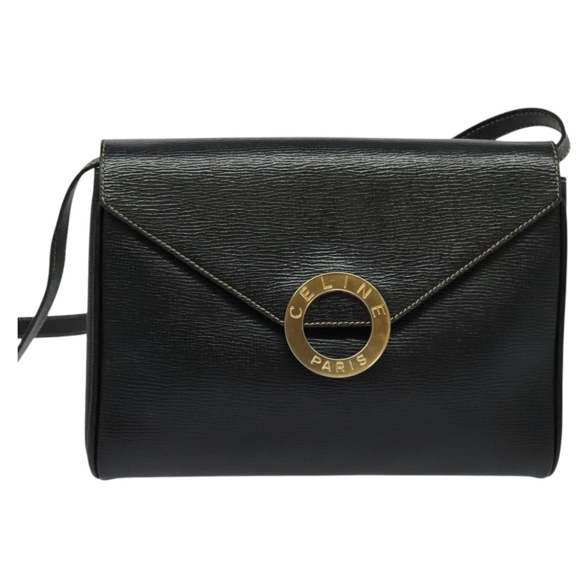 CELINE Circle Hand Bag Leather Black Gold Auth 120926