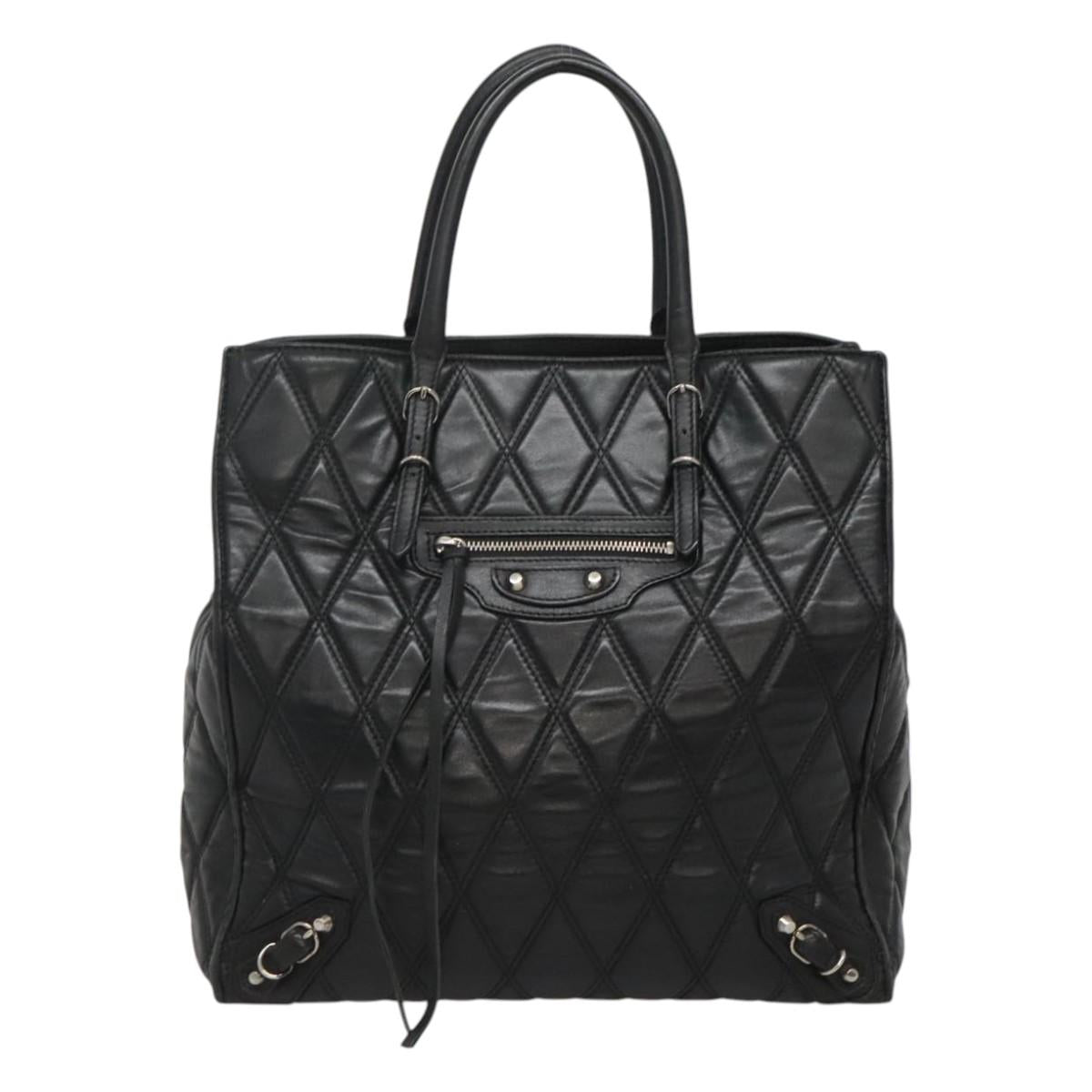 BALENCIAGA Hand Bag Leather Black Silver Auth 120938