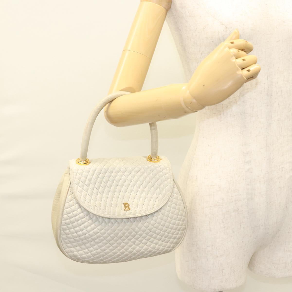 BALLY Hand Bag Leather White Gold Auth 120949