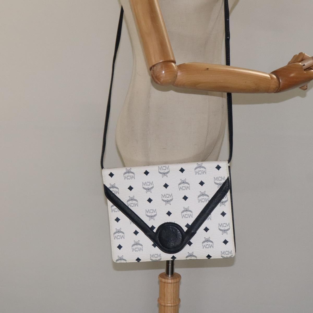 MCM Logogram Vicetos Shoulder Bag PVC Leather White Gold Auth 120950