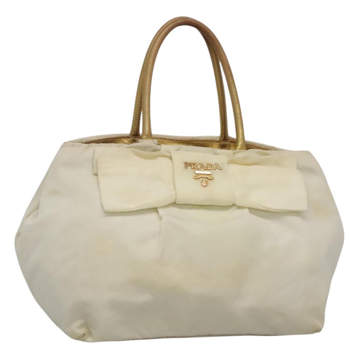 PRADA Hand Bag Nylon White Gold Auth 120951