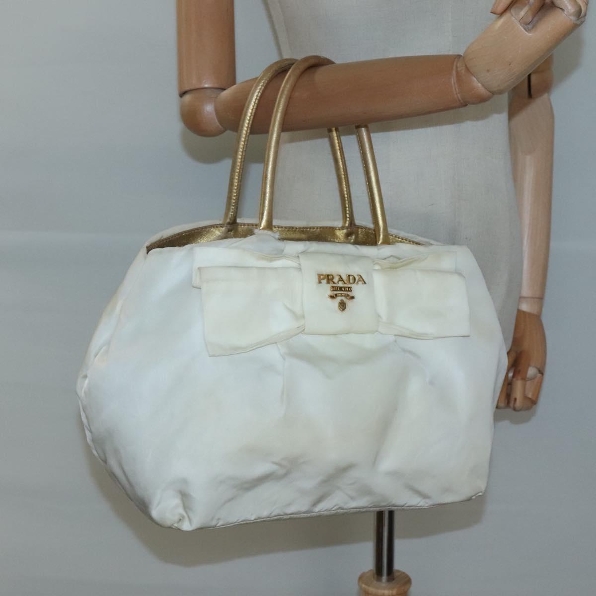 PRADA Hand Bag Nylon White Gold Auth 120951