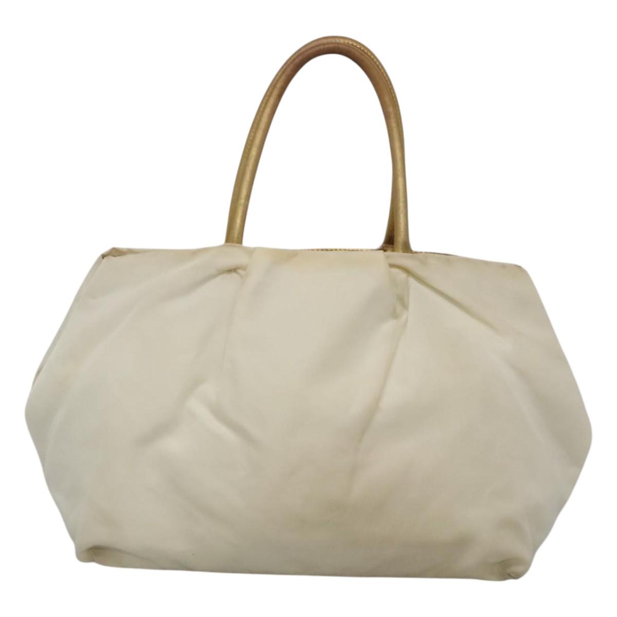 PRADA Hand Bag Nylon White Gold Auth 120951