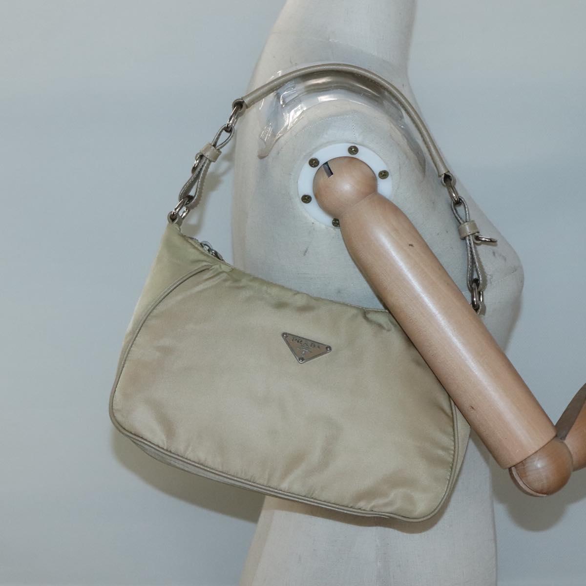 PRADA Shoulder Bag Nylon Beige Silver Auth 120952