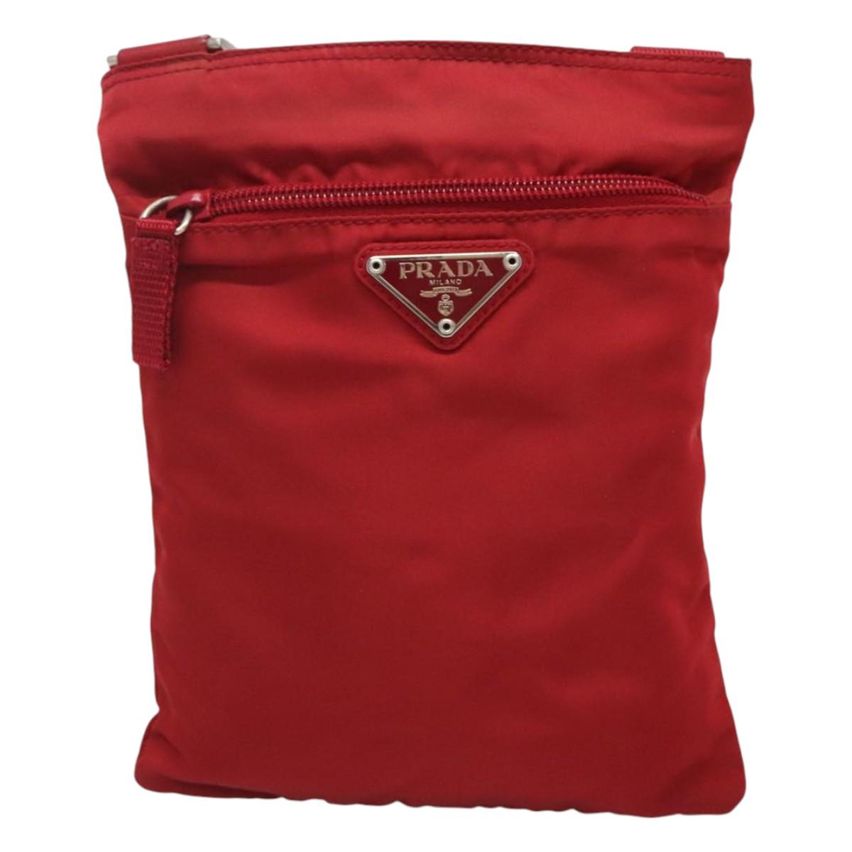 PRADA Shoulder Bag Nylon Red Silver Auth 120955