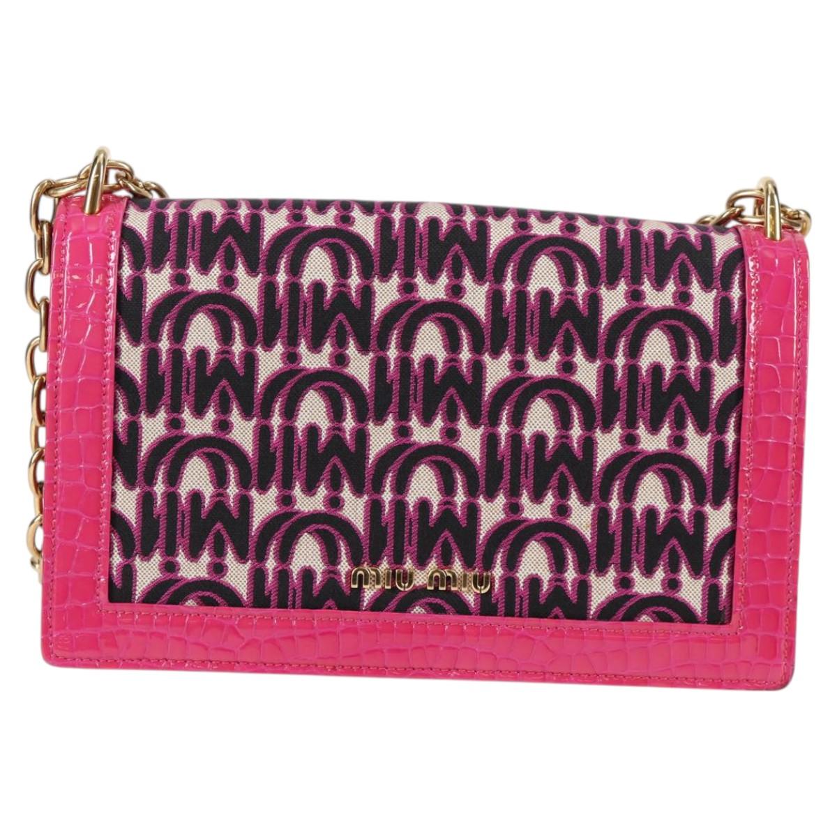 Miu Miu Chain Shoulder Bag Canvas Leather 2way Pink Gold Auth 120964SAM