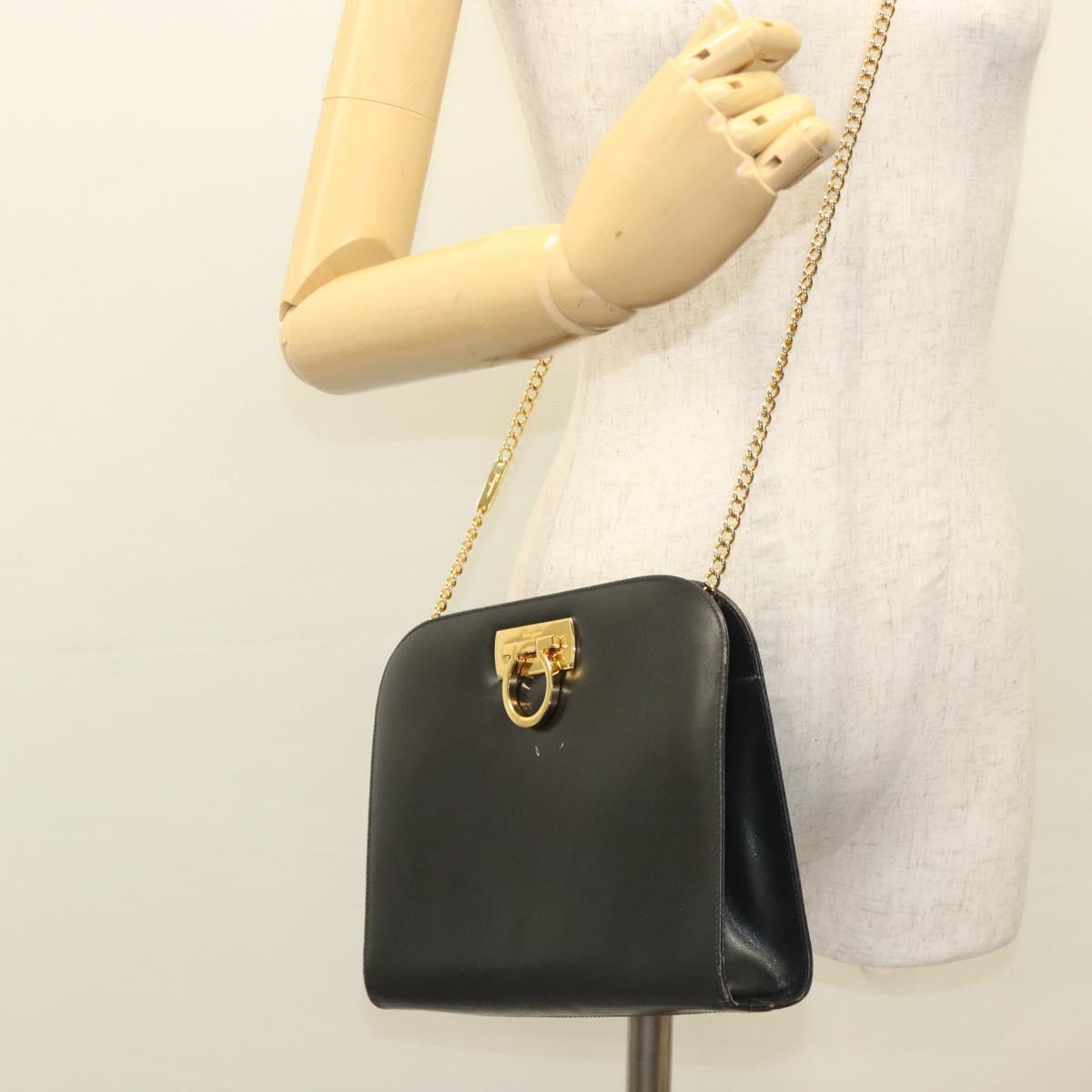 Salvatore Ferragamo Gancini Chain Shoulder Bag Leather Black Gold Auth 120975