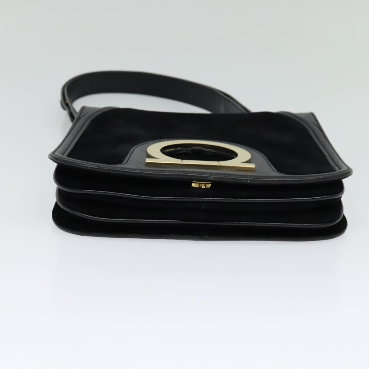 Salvatore Ferragamo Gancini Chain Shoulder Bag Suede Black Gold Auth 120977