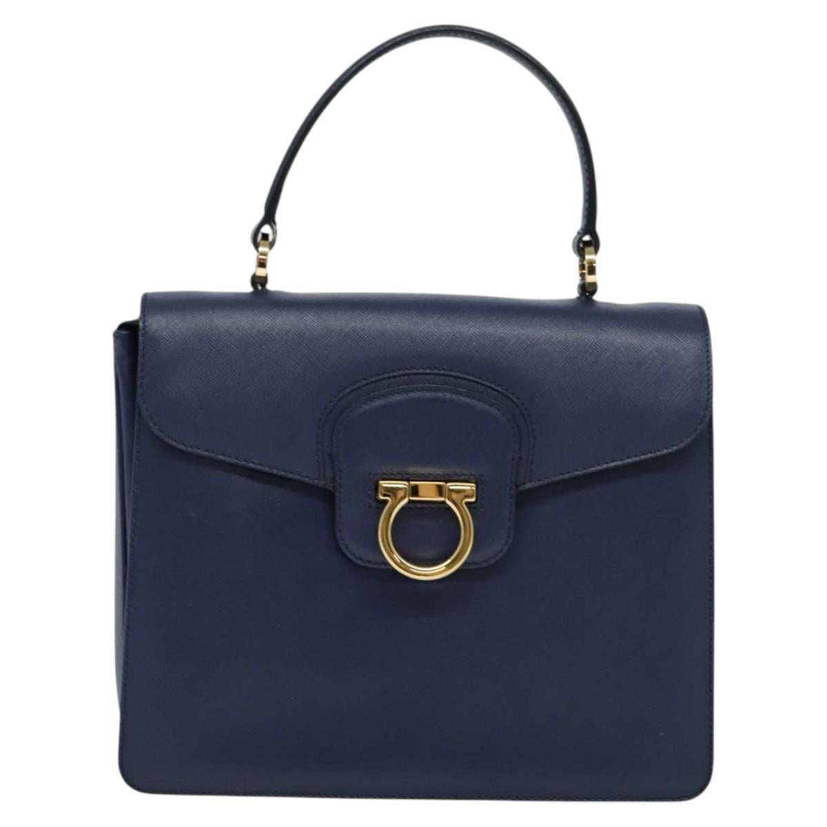 Salvatore Ferragamo Gancini Hand Bag Leather 2way Navy Gold Auth 120979