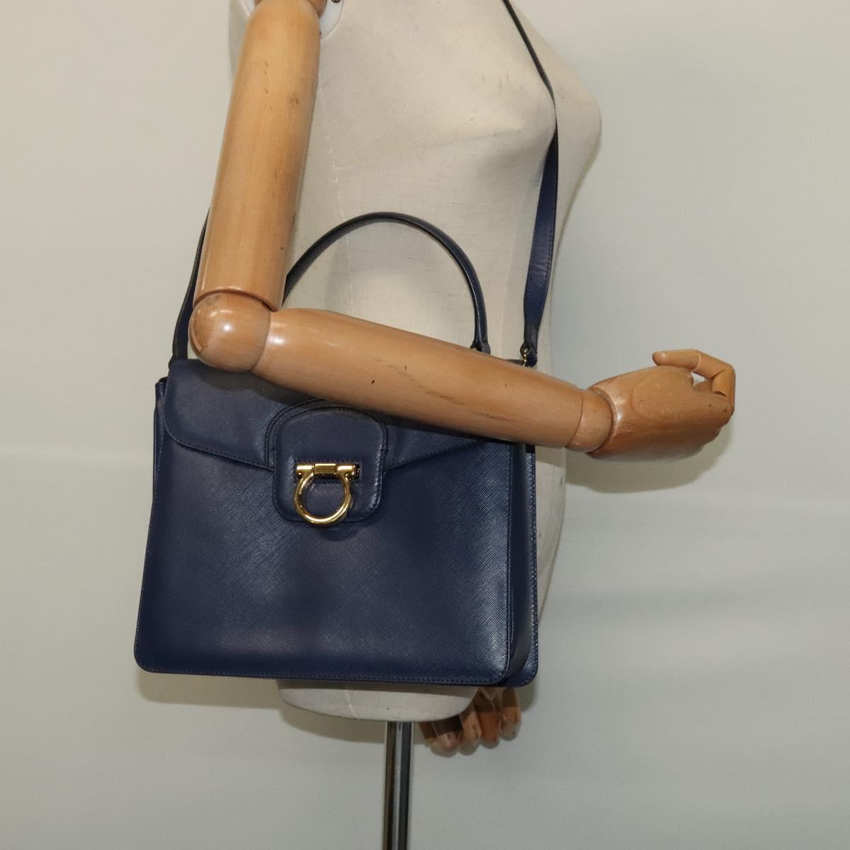Salvatore Ferragamo Gancini Hand Bag Leather 2way Navy Gold Auth 120979