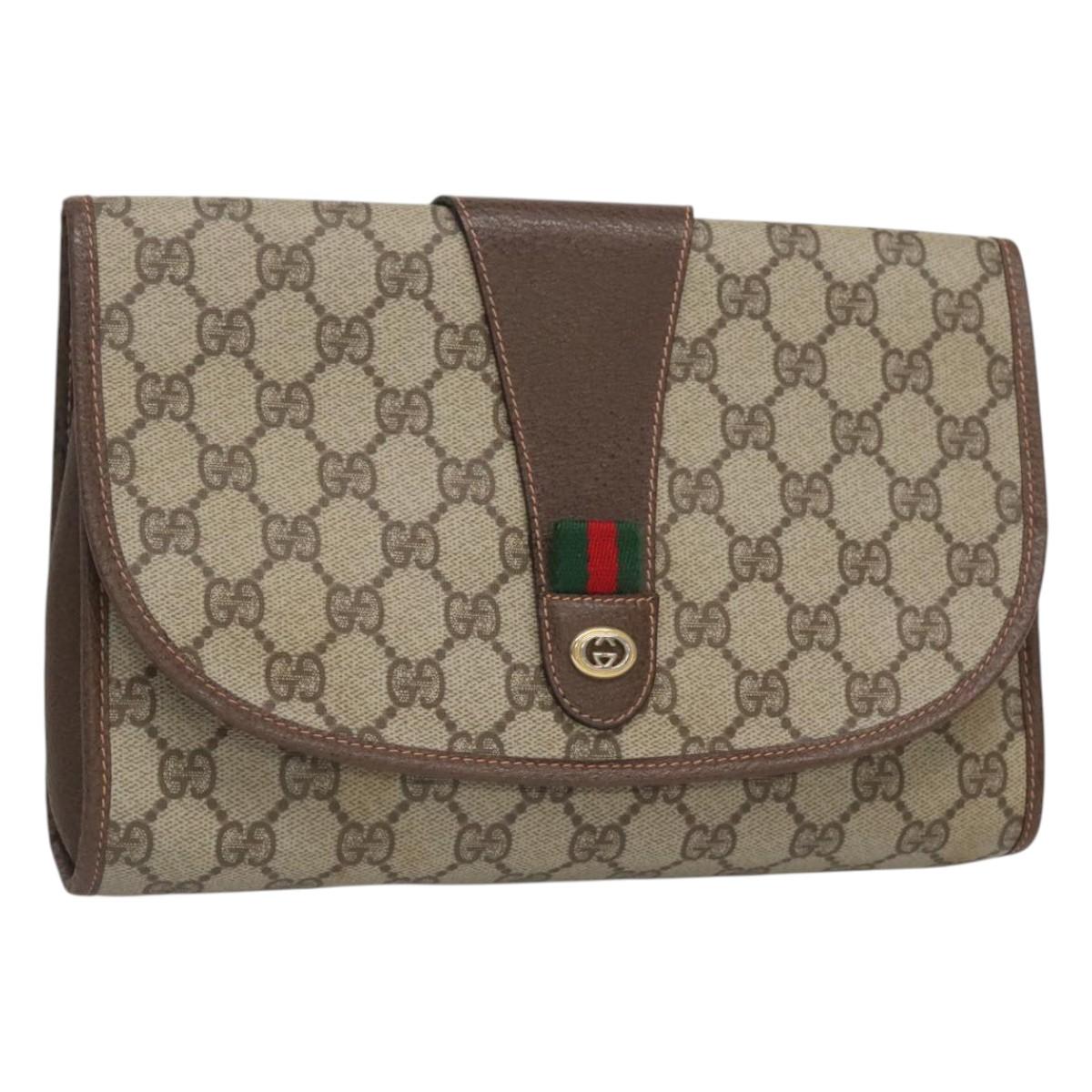 GUCCI GG Supreme Web Sherry Line Clutch Bag PVC Beige Red 156 01 030 Auth 121114