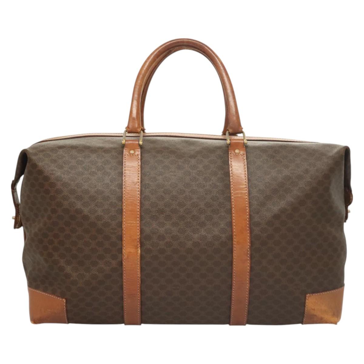 CELINE Macadam Canvas Boston Bag PVC Leather Brown Gold Auth 121130