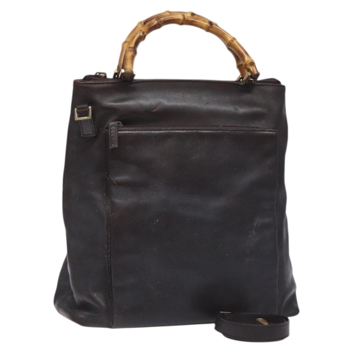 GUCCI Bamboo Hand Bag Leather 2way Dark Brown Gold Auth 121135