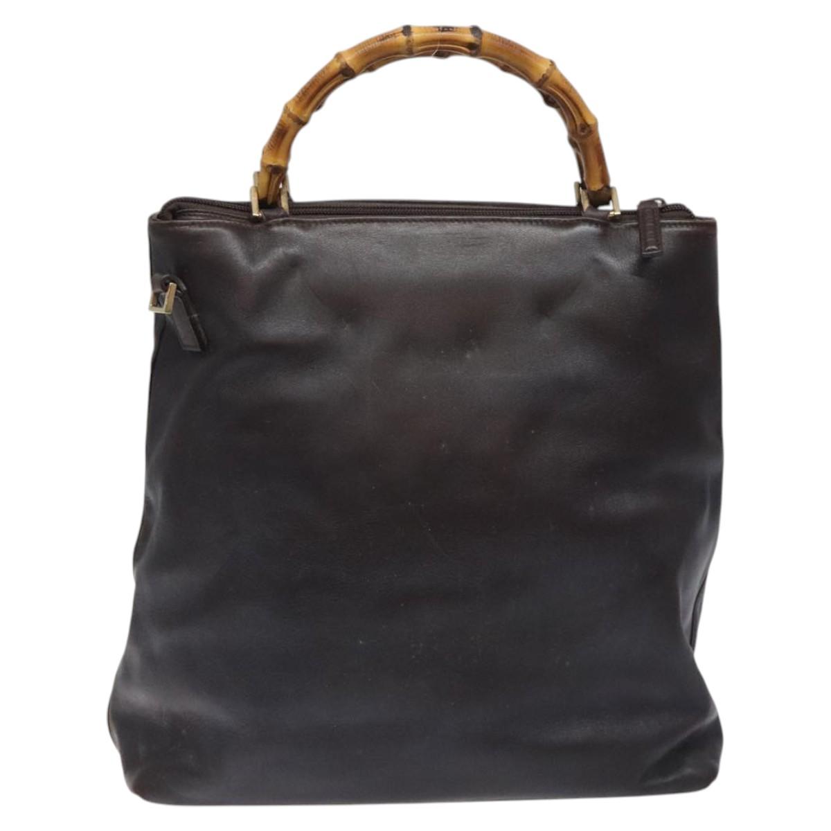 GUCCI Bamboo Hand Bag Leather 2way Dark Brown Gold Auth 121135