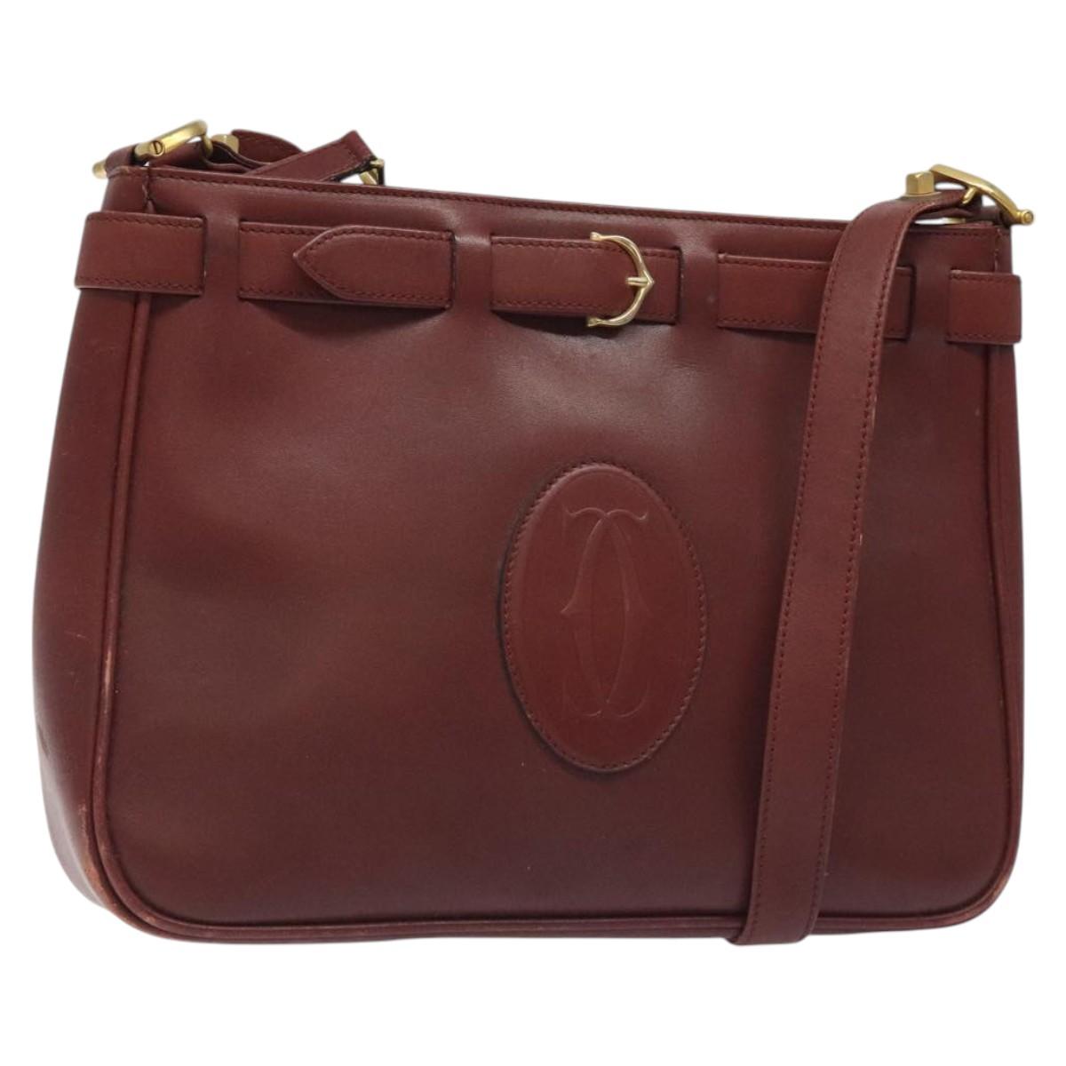 CARTIER Shoulder Bag Leather Red Gold Auth 121159