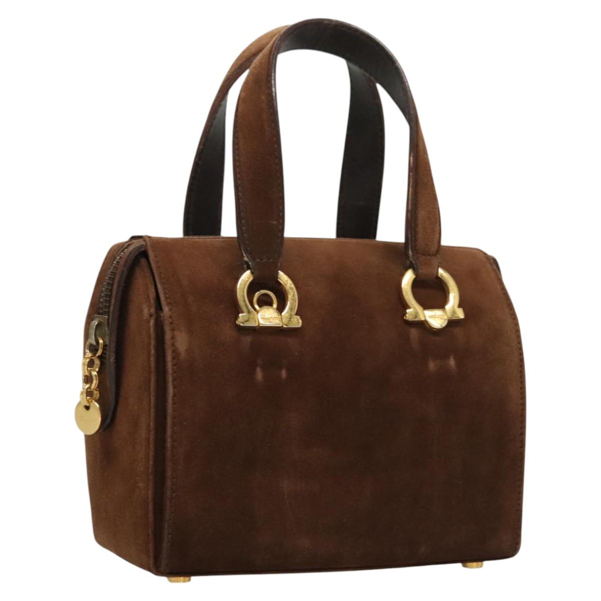 Salvatore Ferragamo Gancini Hand Bag Suede Brown Gold Auth 121161