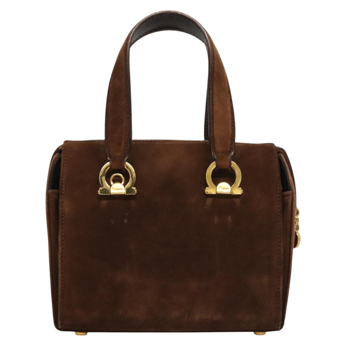 Salvatore Ferragamo Gancini Hand Bag Suede Brown Gold Auth 121161