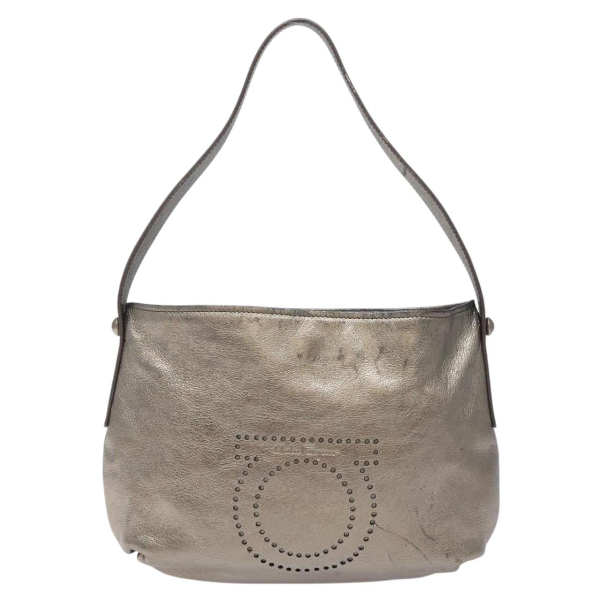 Salvatore Ferragamo Gancini Hand Bag Leather Silver Auth 121217