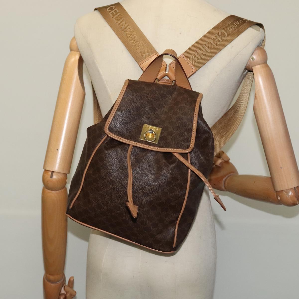 CELINE Macadam Canvas Backpack PVC Leather Brown Gold Auth 121237