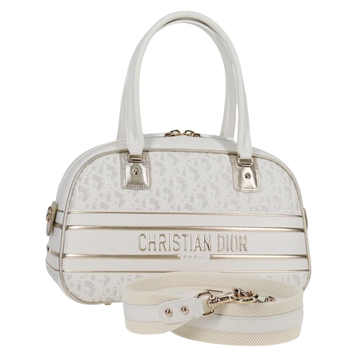 Christian Dior Medium Classic Bowling Bag Bag Leather White Gold Auth 121262M