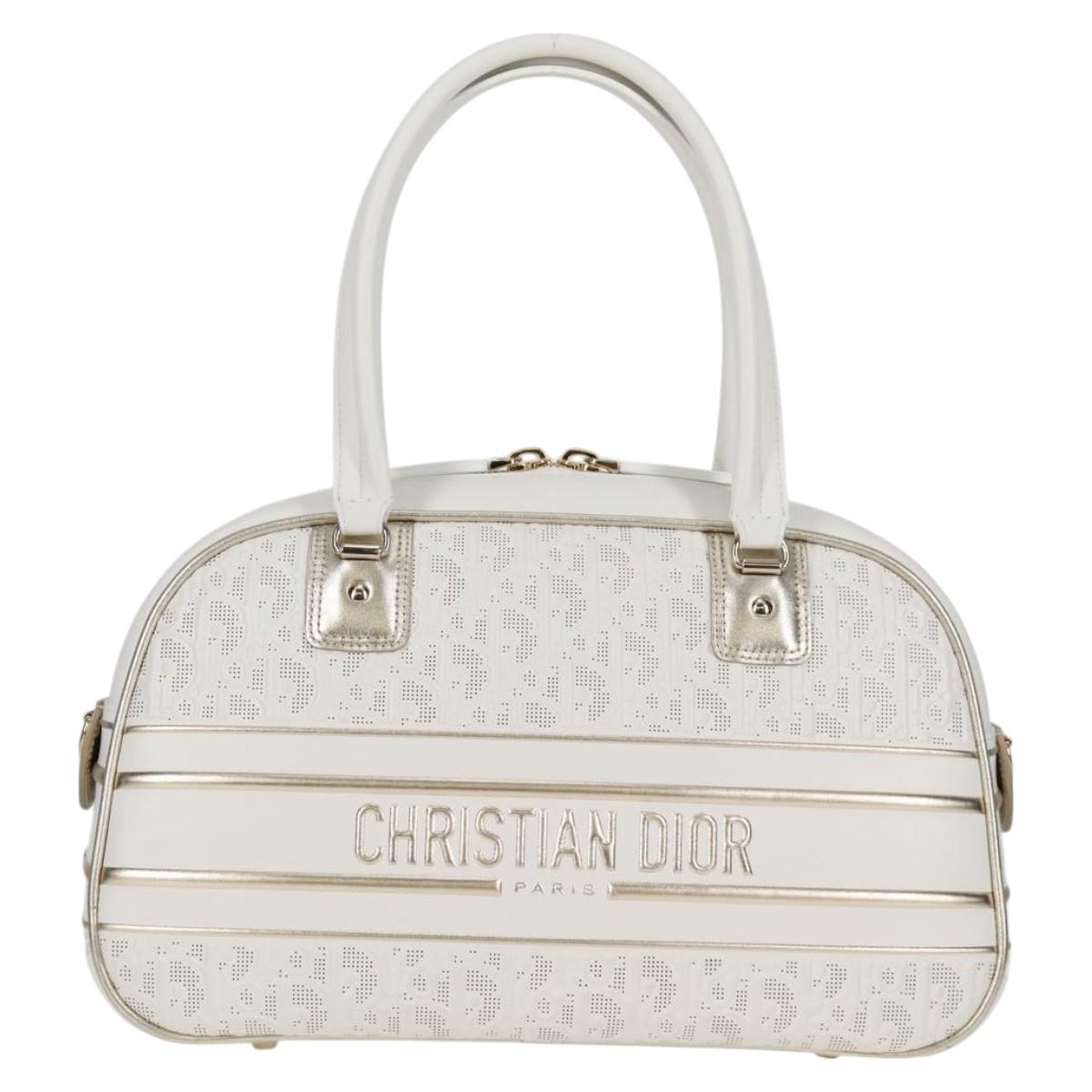 Christian Dior Medium Classic Bowling Bag Bag Leather White Gold Auth 121262SAM