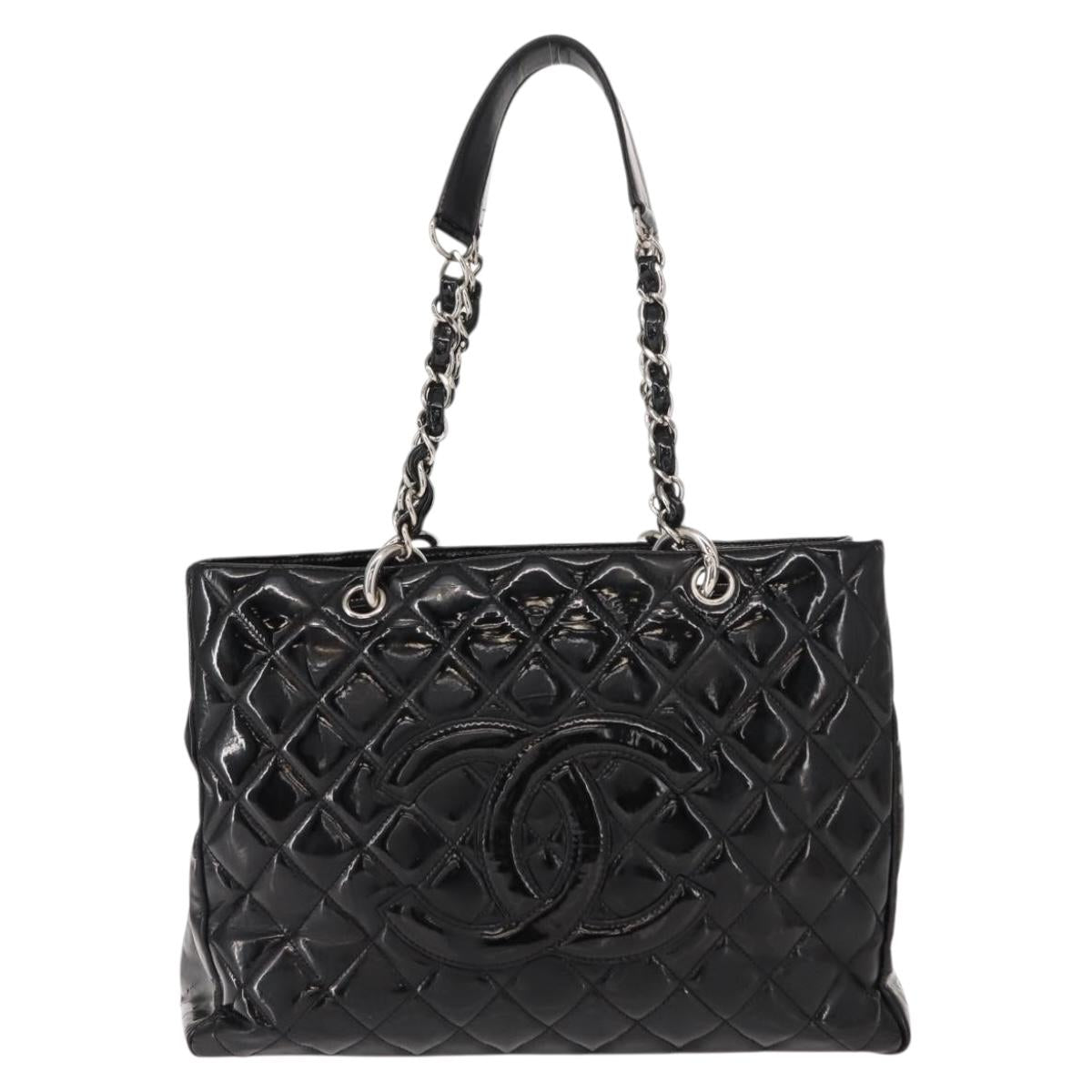 CHANEL Chain Tote Bag Enamel Black Silver CC Auth 121328V