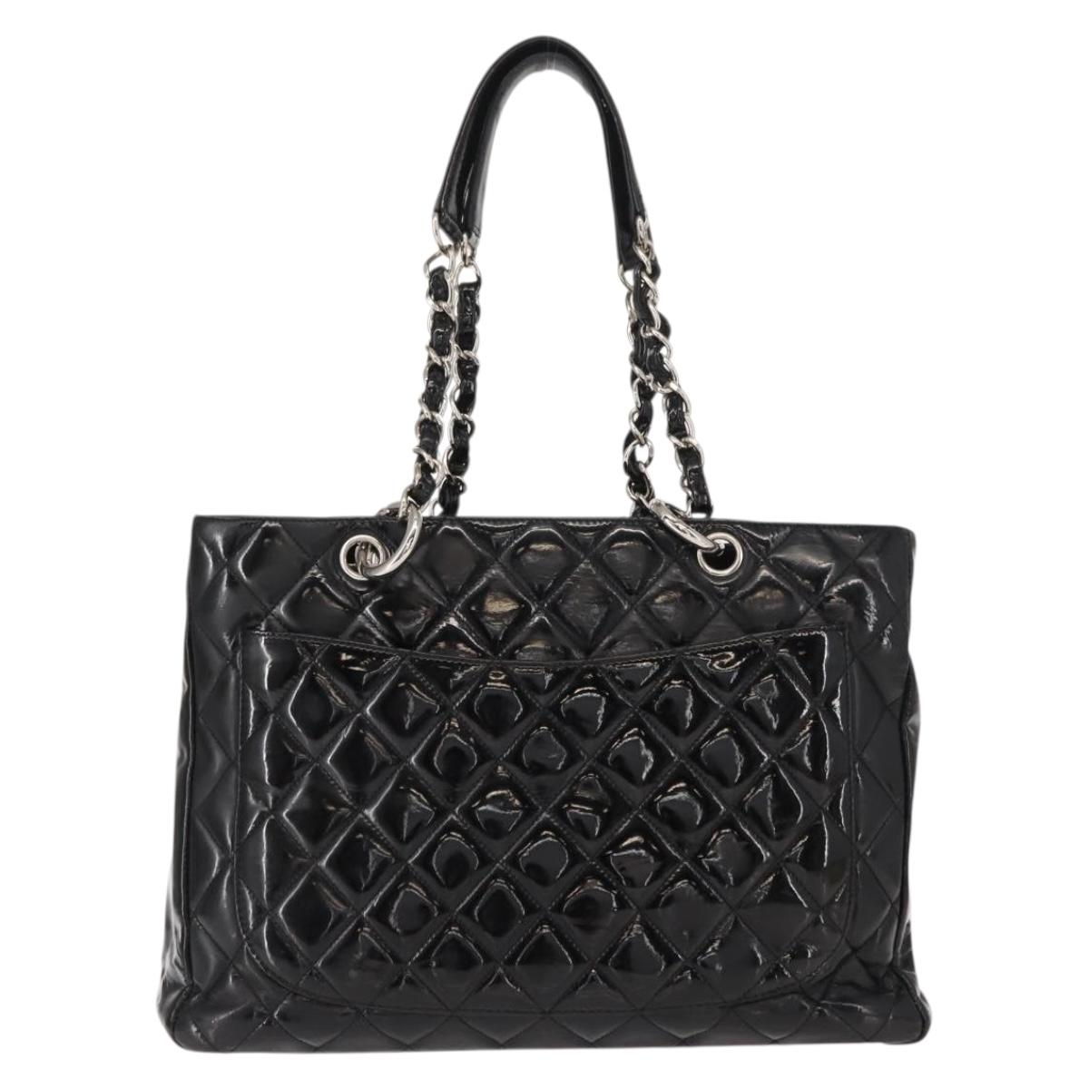 CHANEL Chain Tote Bag Enamel Black Silver CC Auth 121328V