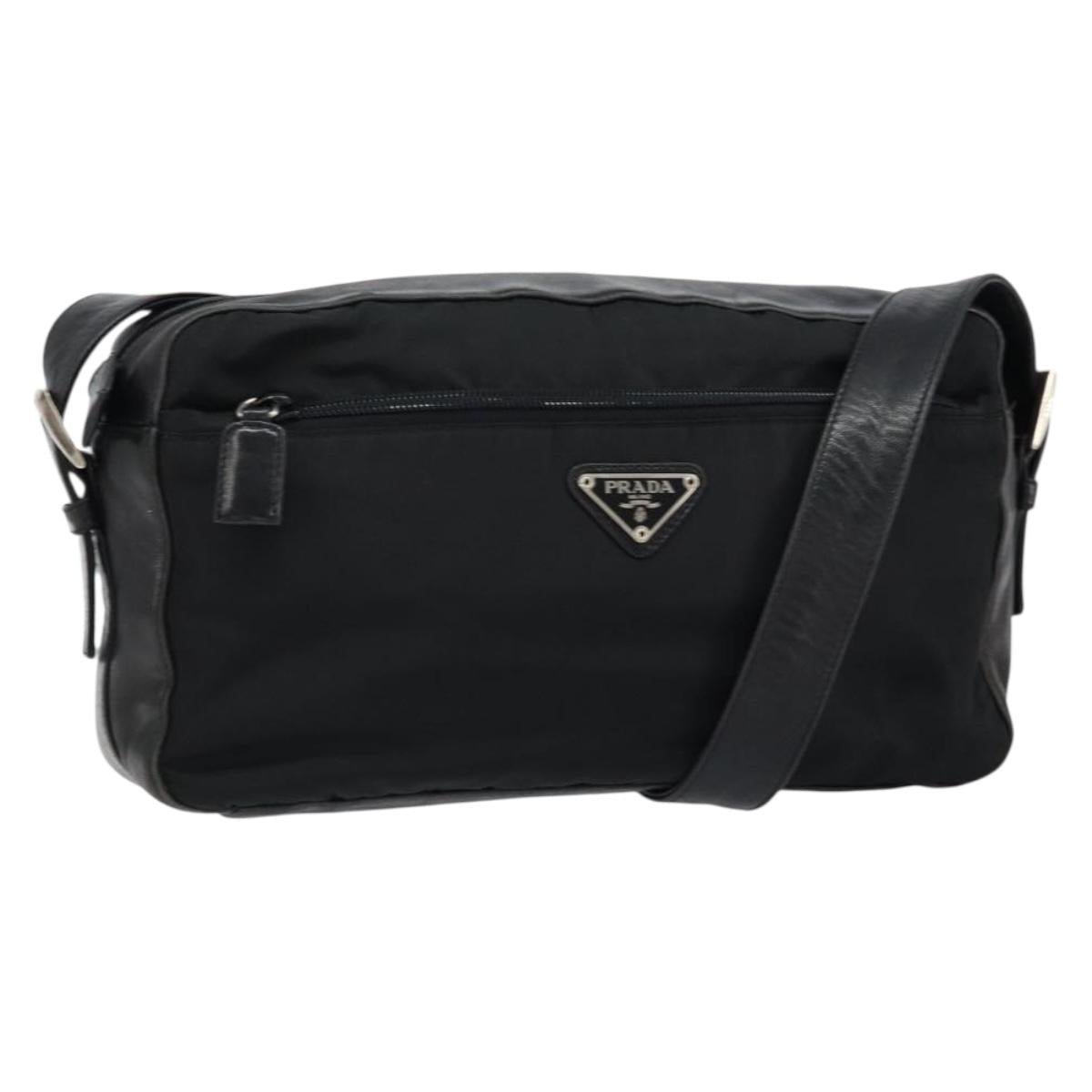 PRADA Shoulder Bag Nylon Leather Black Silver Auth 121352