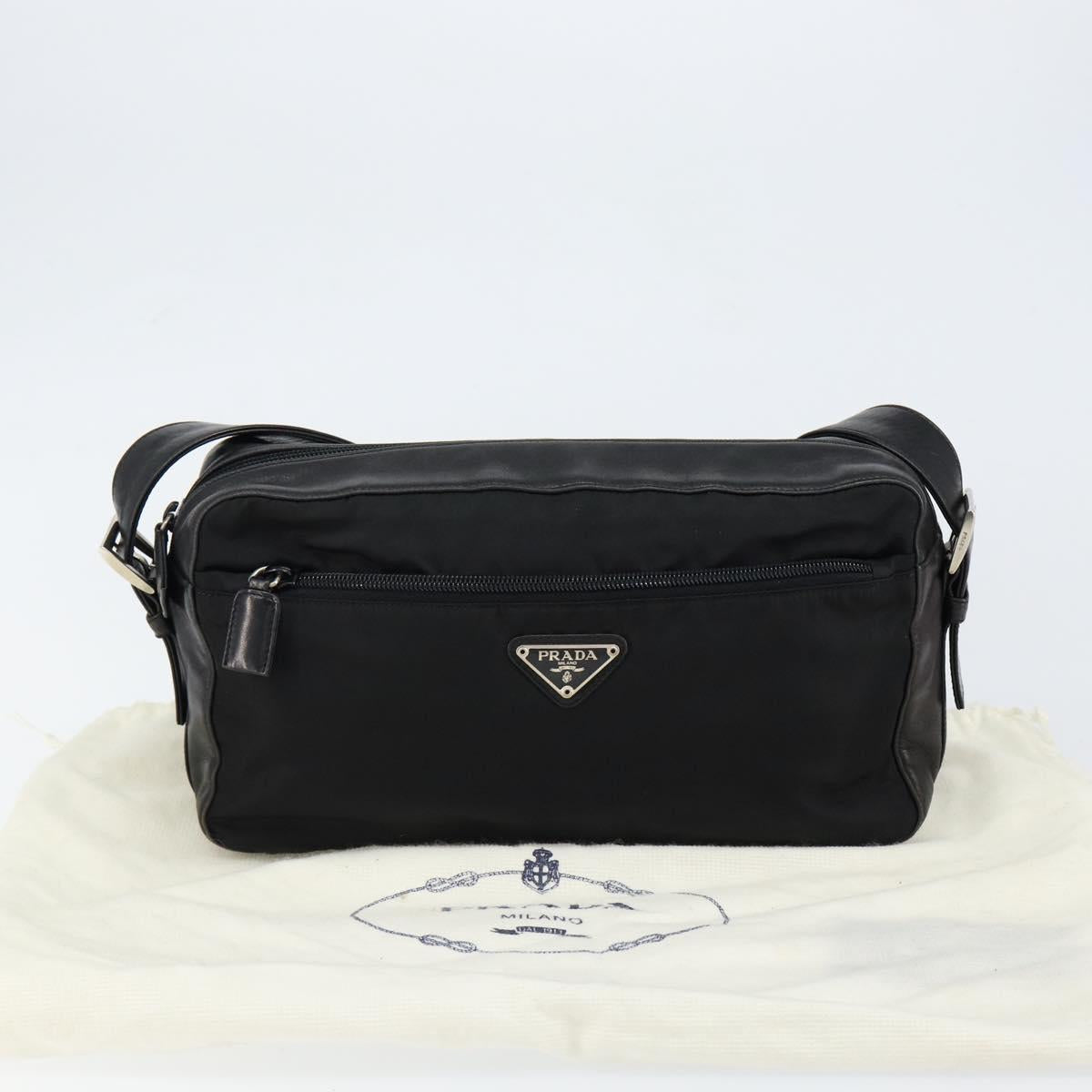 PRADA Shoulder Bag Nylon Leather Black Silver Auth 121352