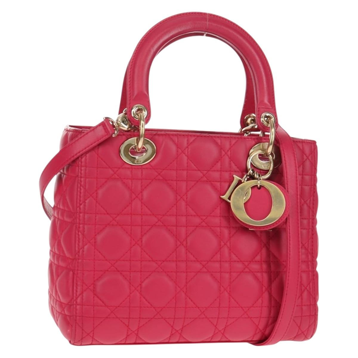 Christian Dior Canage Lady Dior Hand Bag Lamb Skin 2way Pink Gold Auth 121358V