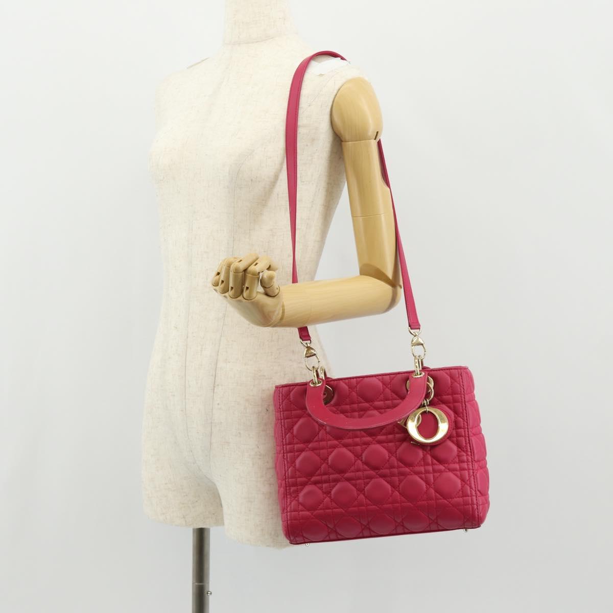 Christian Dior Canage Lady Dior Hand Bag Lamb Skin 2way Pink Gold Auth 121358V