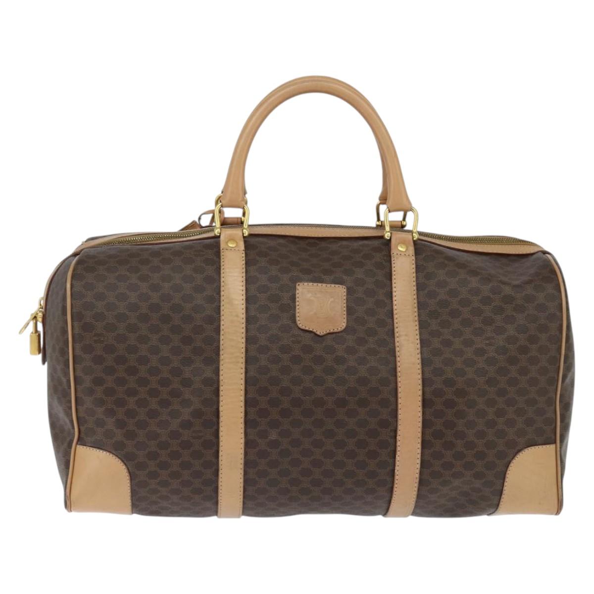 CELINE Macadam Canvas Boston Bag PVC Leather Brown Gold Auth 121362