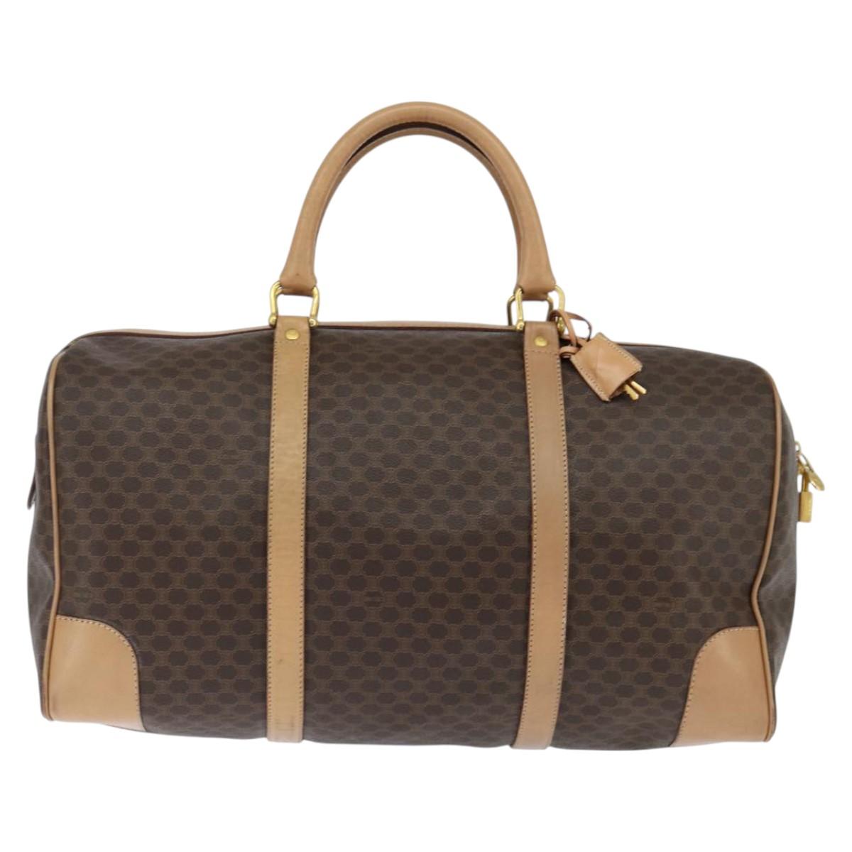 CELINE Macadam Canvas Boston Bag PVC Leather Brown Gold Auth 121362