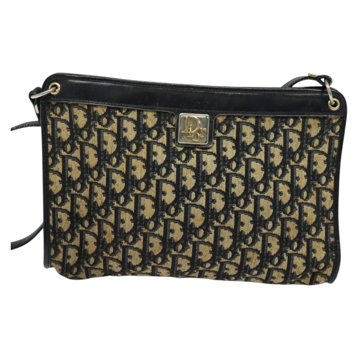 Christian Dior Trotter Canvas Shoulder Bag Navy Gold Auth 121410