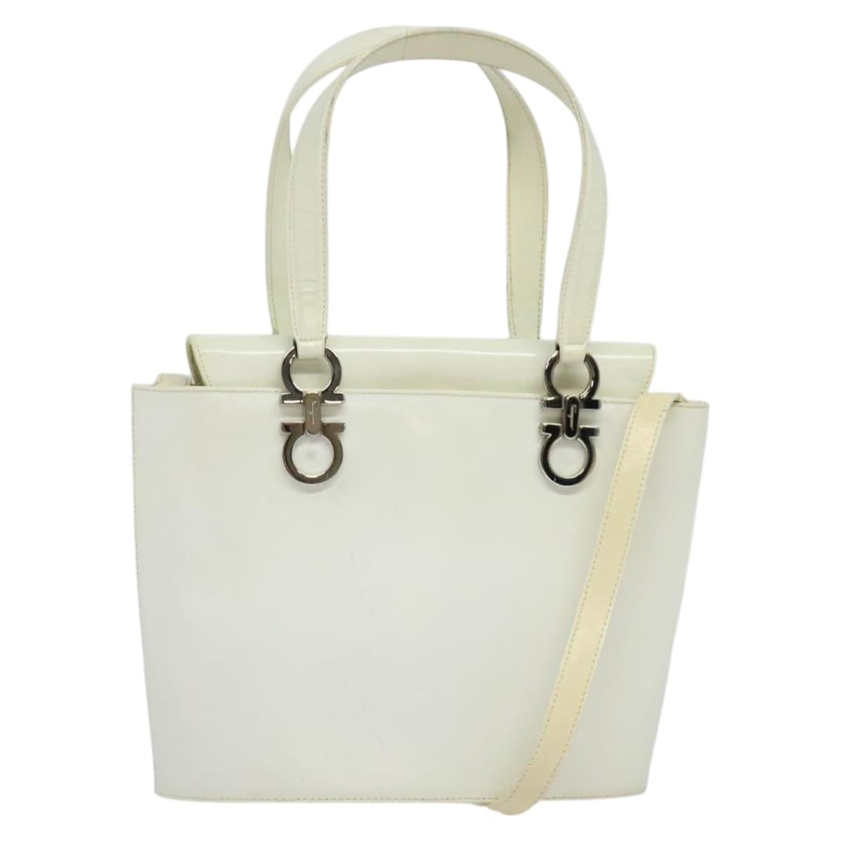 Salvatore Ferragamo Gancini Hand Bag Patent 2way White Silver Auth 121420