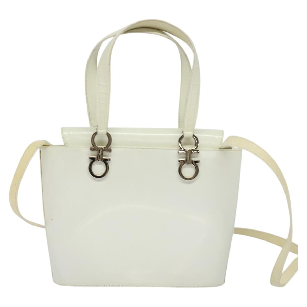 Salvatore Ferragamo Gancini Hand Bag Patent 2way White Silver Auth 121420