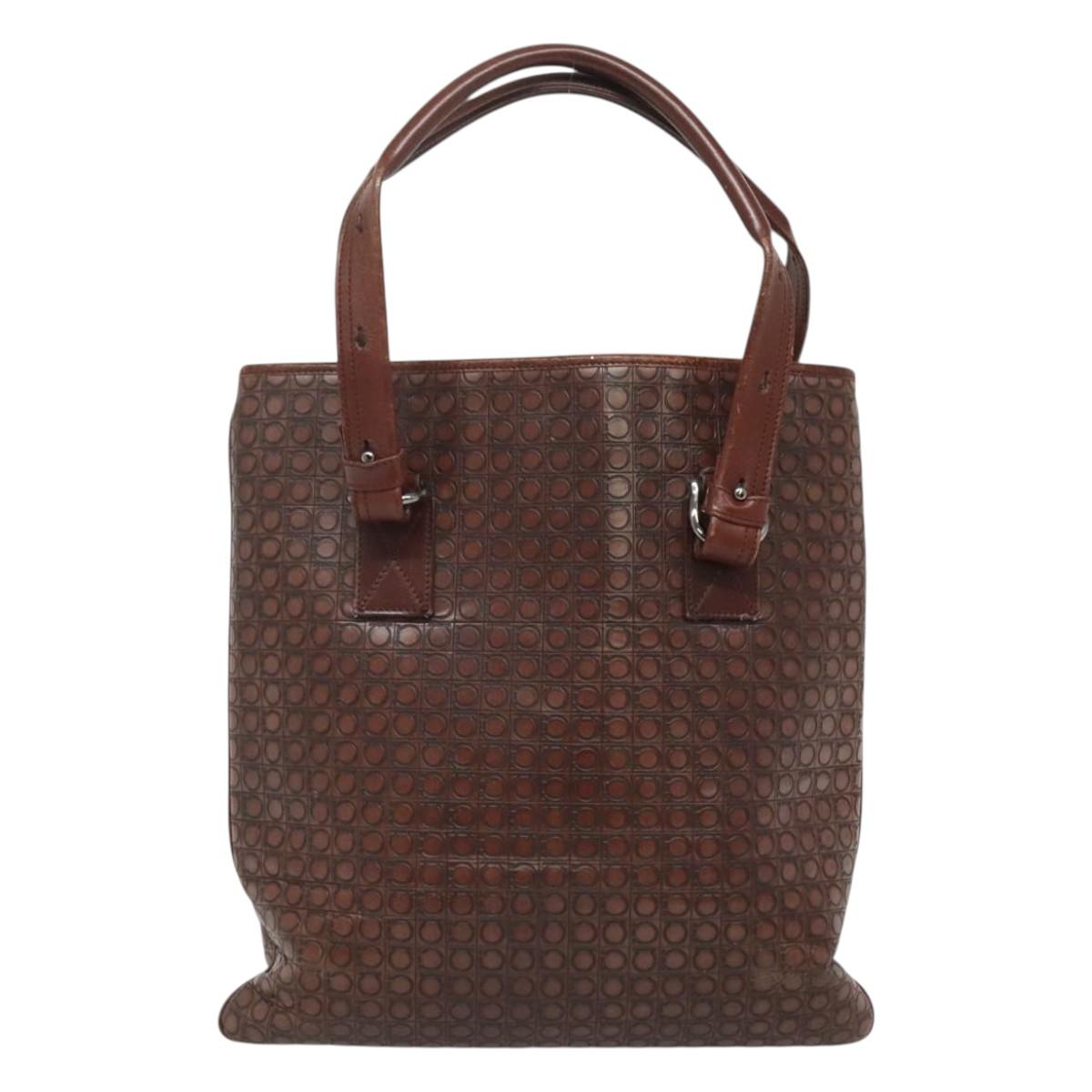 Salvatore Ferragamo Gancini Tote Bag Leather Brown Silver Auth 121422