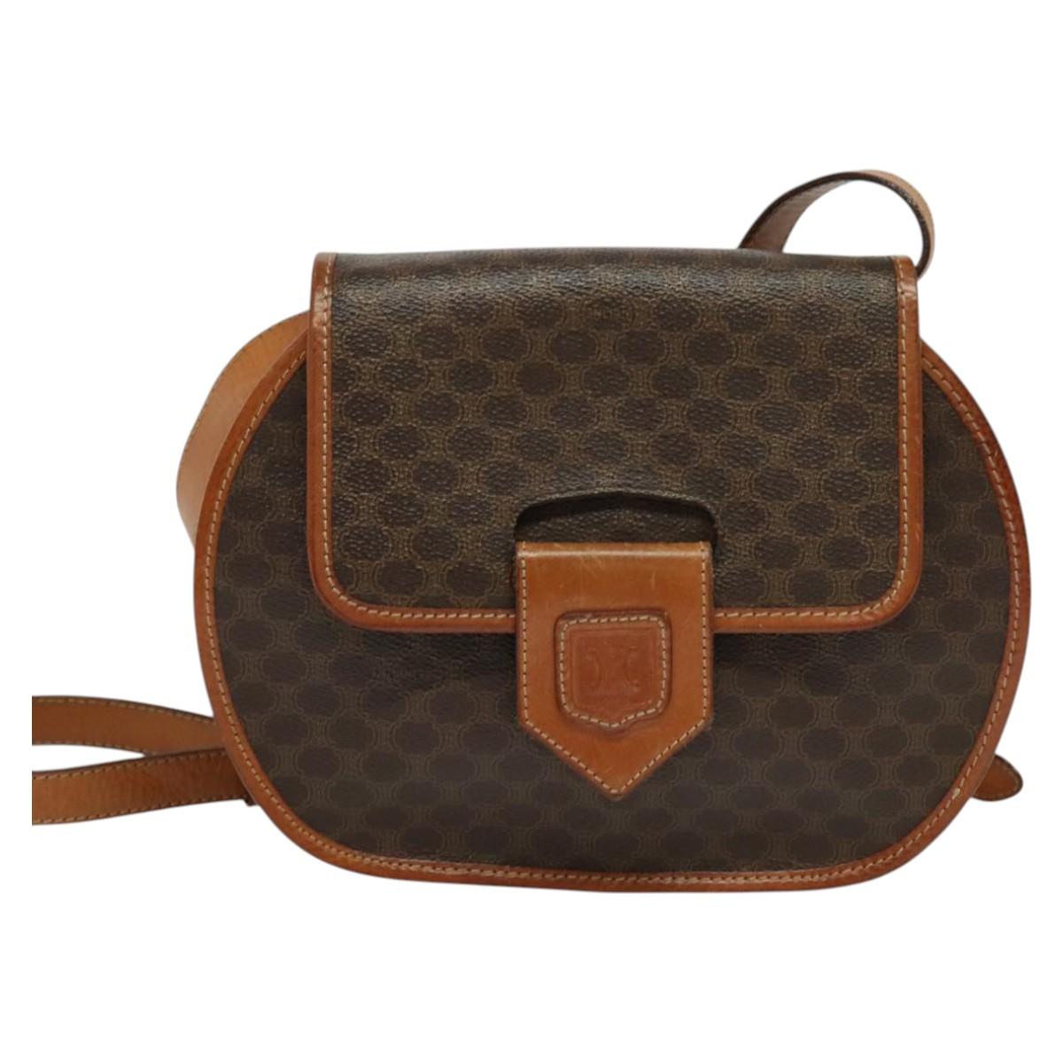 CELINE Macadam Canvas Shoulder Bag PVC Leather Brown Gold Auth 121435