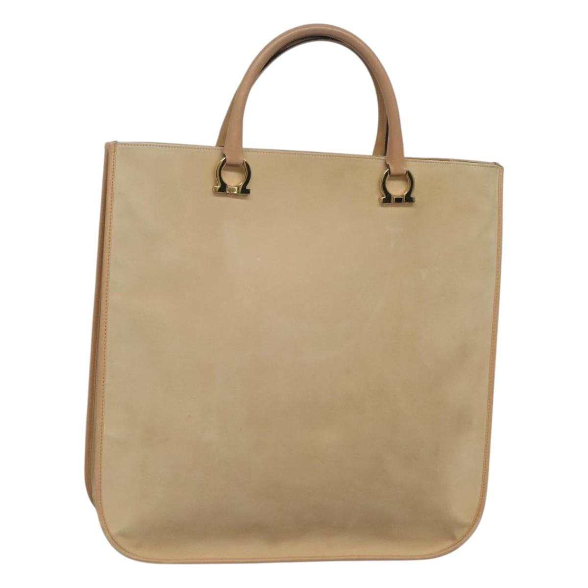 Salvatore Ferragamo Gancini Tote Bag Suede Beige Gold Auth 121469
