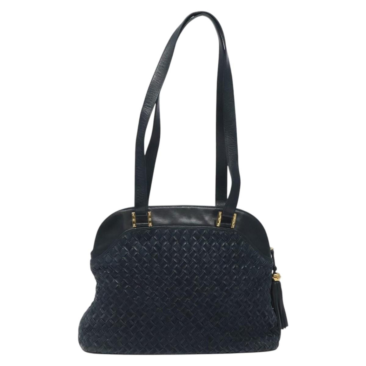 BALLY Shoulder Bag Leather Navy Gold Auth 121482