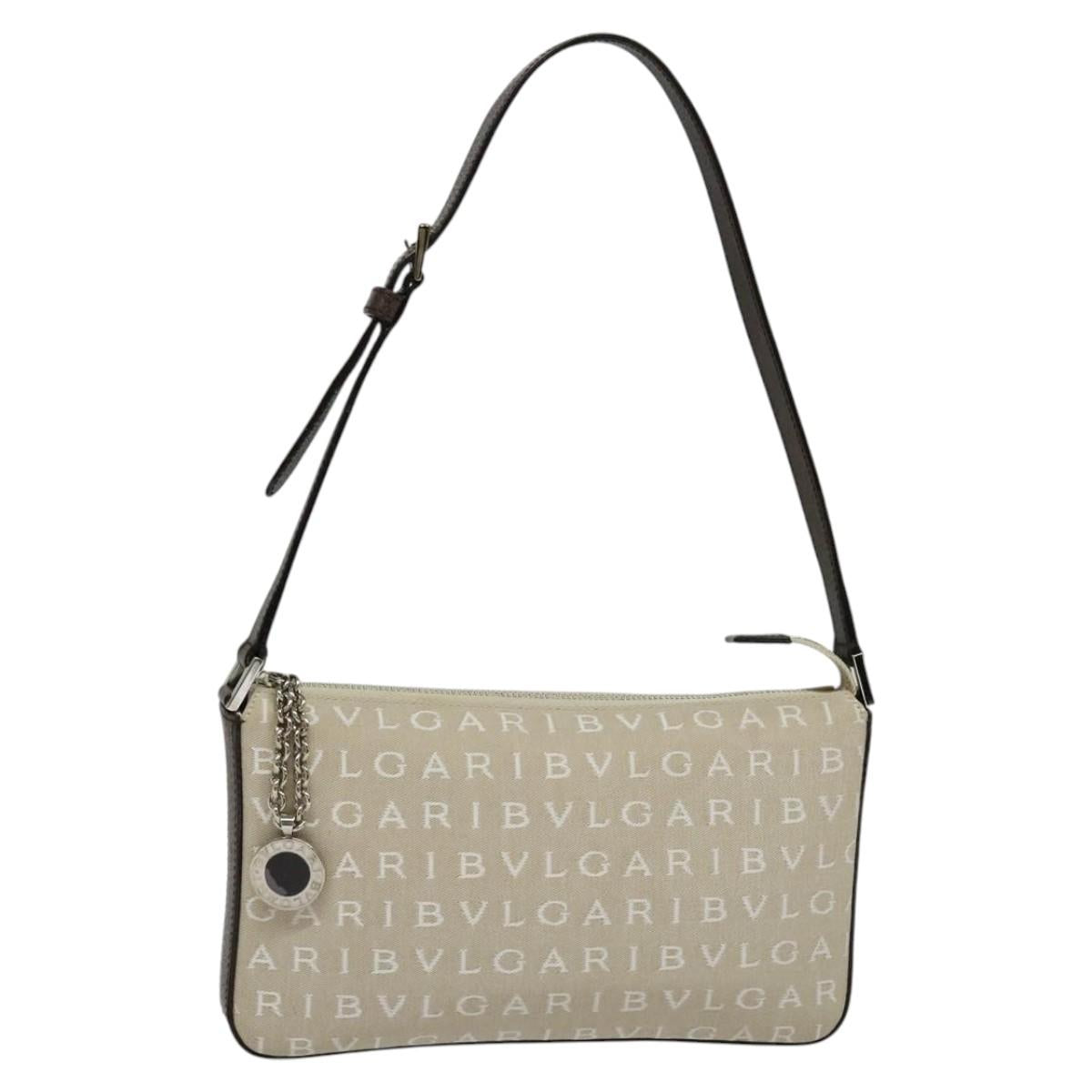 BVLGARI Shoulder Bag Canvas Ivory Silver Auth 121484