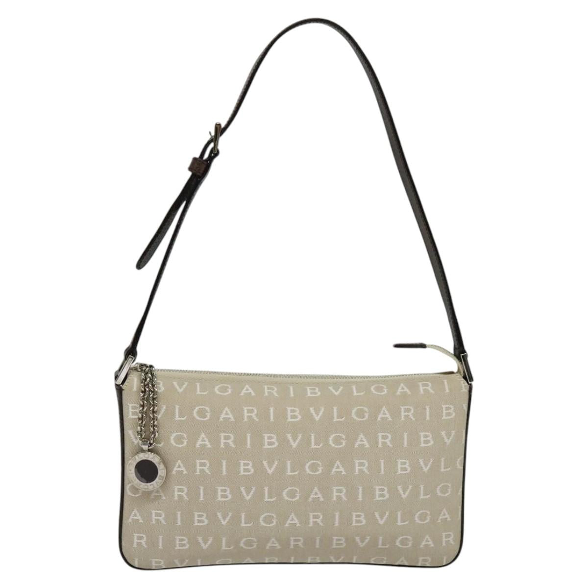 BVLGARI Shoulder Bag Canvas Ivory Silver Auth 121484