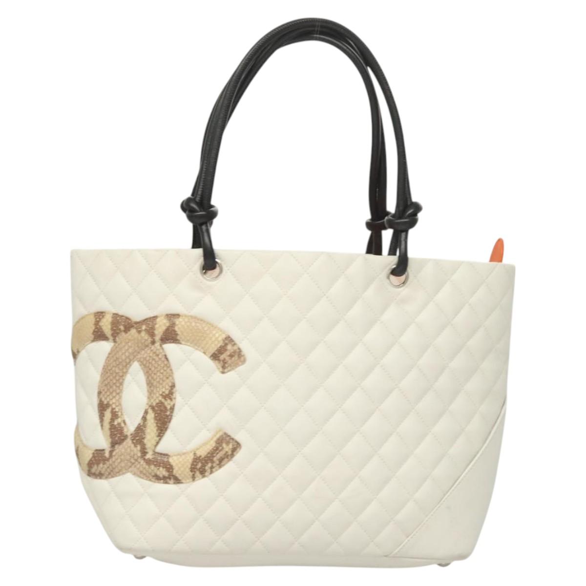CHANEL Matelasse Cambon Line COCO Mark Tote Bag Lamb Skin White CC Auth 121507