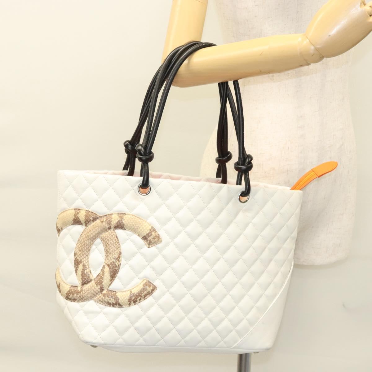 CHANEL Matelasse Cambon Line COCO Mark Tote Bag Lamb Skin White CC Auth 121507