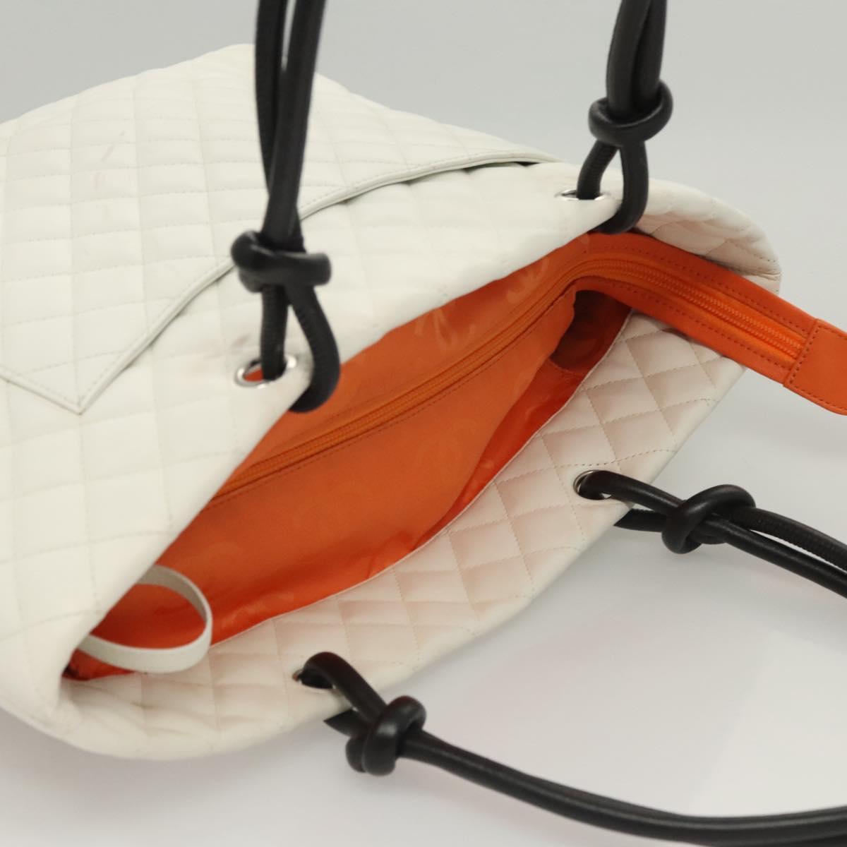 CHANEL Matelasse Cambon Line COCO Mark Tote Bag Lamb Skin White CC Auth 121507